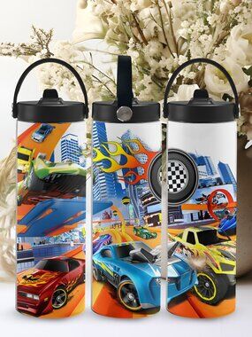 Race Cars Stainless Steel Tumbler with Portable Handle, Boys Gift Idea